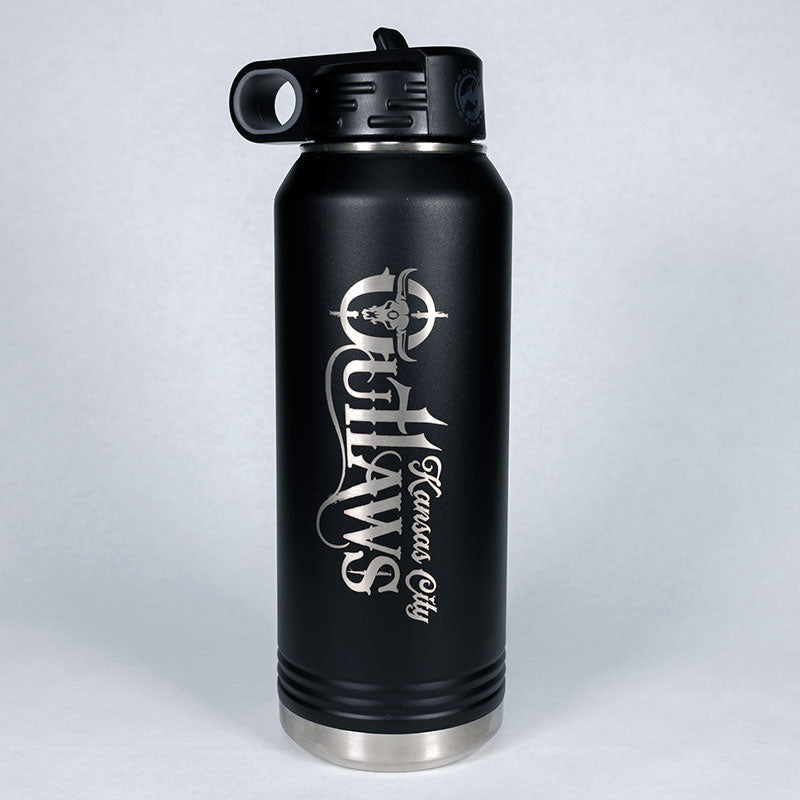 Black water bottle with Kansas City Outlaws logo