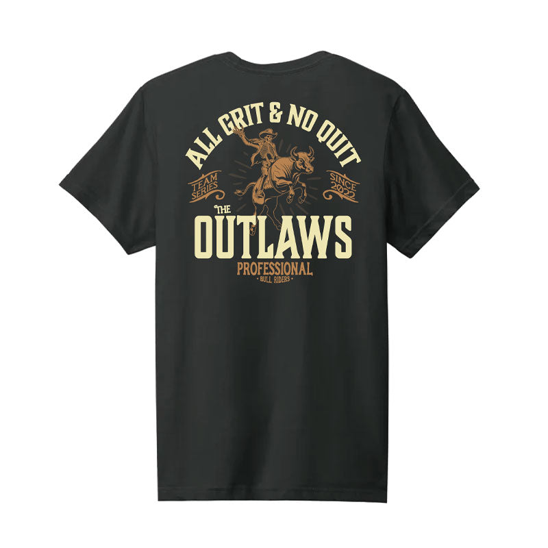 Black t-shirt with 'All Grit & No Quit' and 'The Outlaws' text on a white background