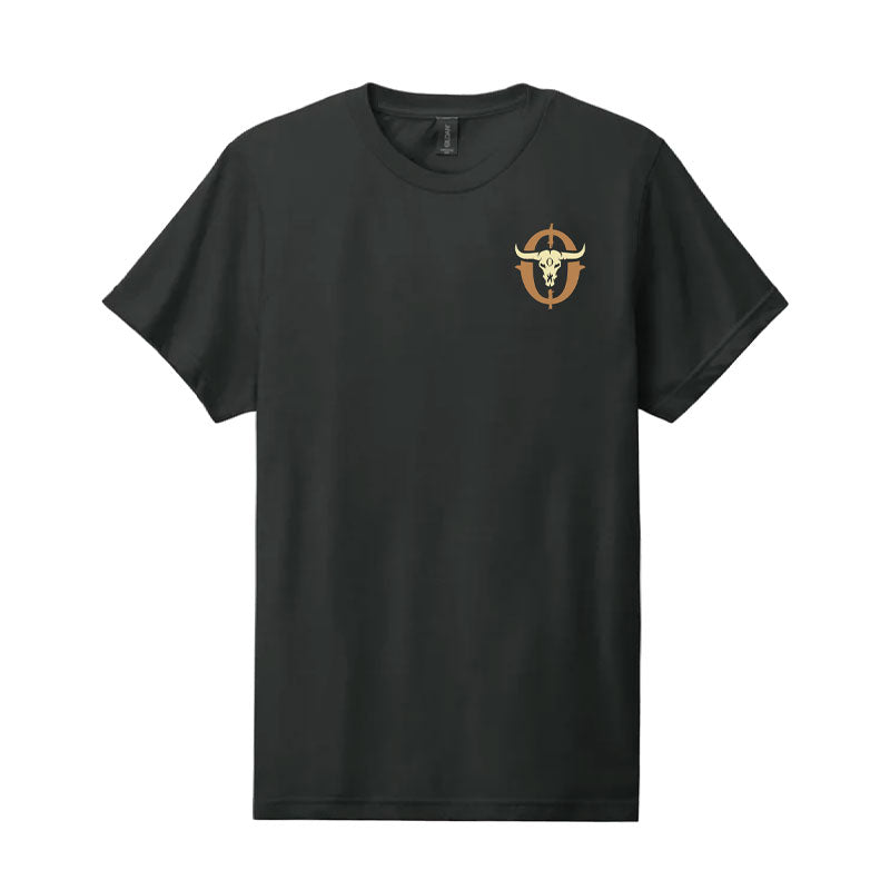 Black t-shirt with a logo on the chest against a white background