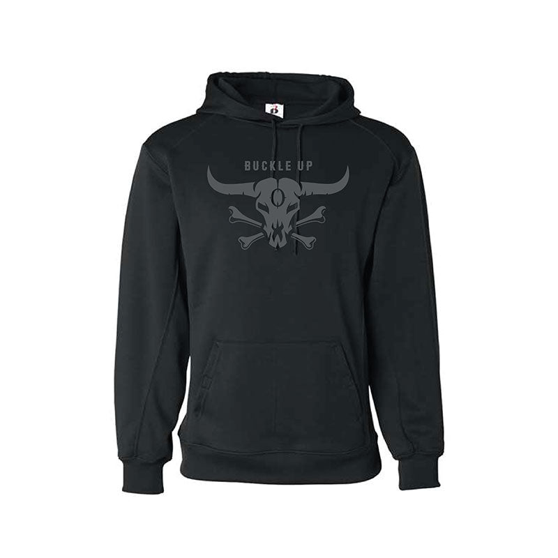 Black hoodie with skull and crossbones design on a white background
