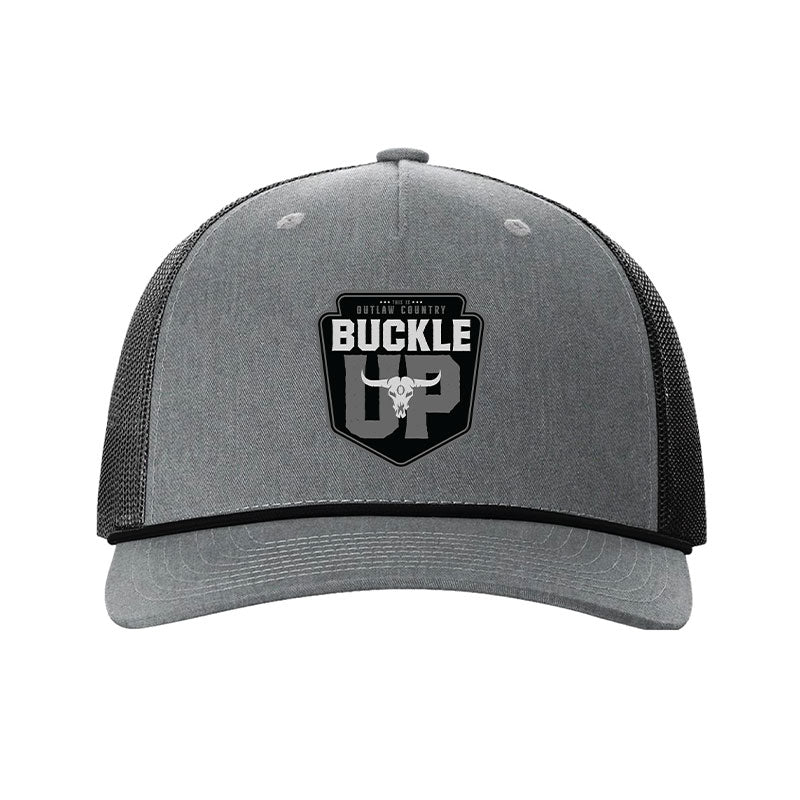 Gray and black cap with 'Buckle Up' logo