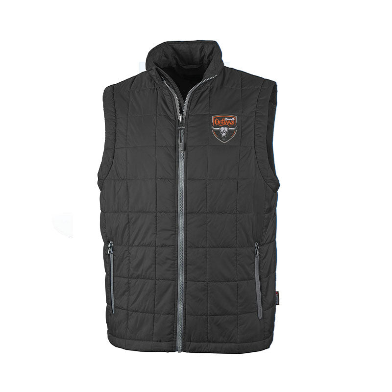 Black puffer vest with a KC Outlaws logo