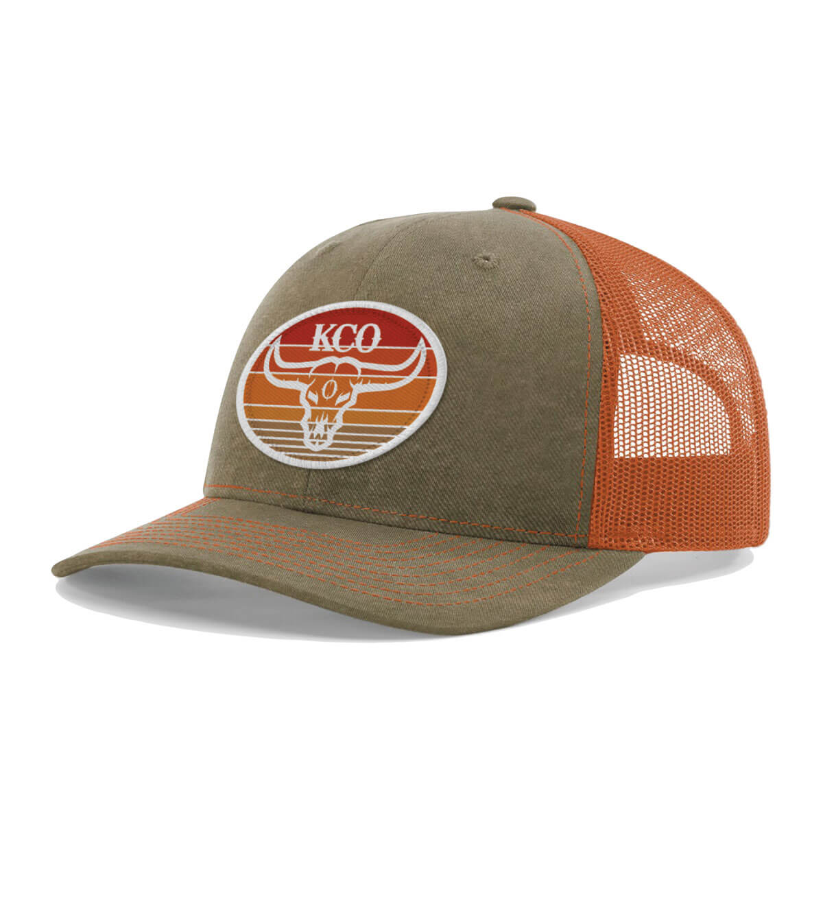 Front view of the "KCO" Bull Skull Limited Trucker cap.