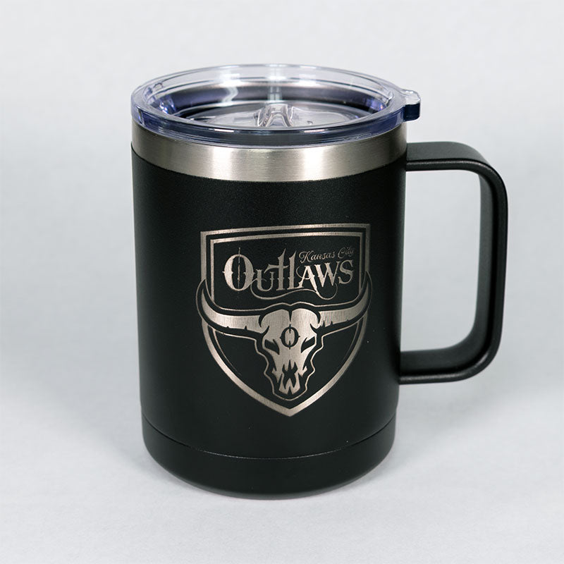 Black insulated mug with 'Outlaws' logo on a white background