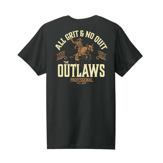 Black t-shirt with 'All Grit & No Quit' and 'The Outlaws' text on a white background