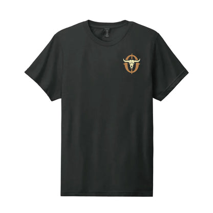Black t-shirt with a logo on the chest against a white background