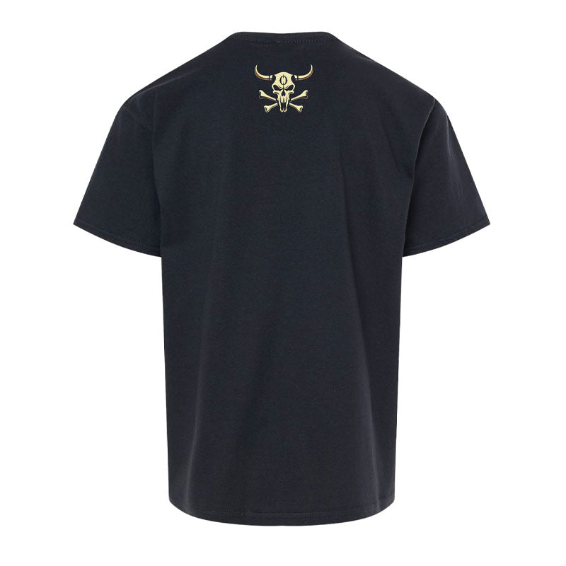 graphic logo on back of black t-shirt