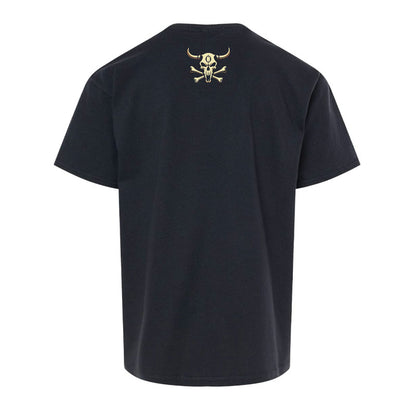 graphic logo on back of black t-shirt