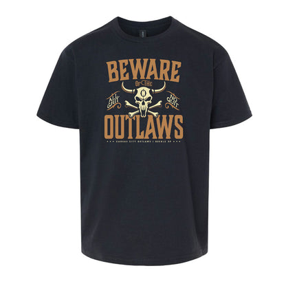 Black t-shirt with 'Beware of the Outlaws' graphic design on a white background