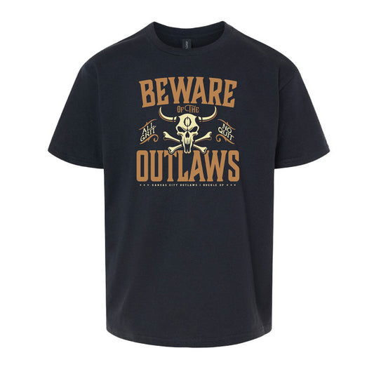 Black t-shirt with 'Beware of the Outlaws' graphic design on a white background