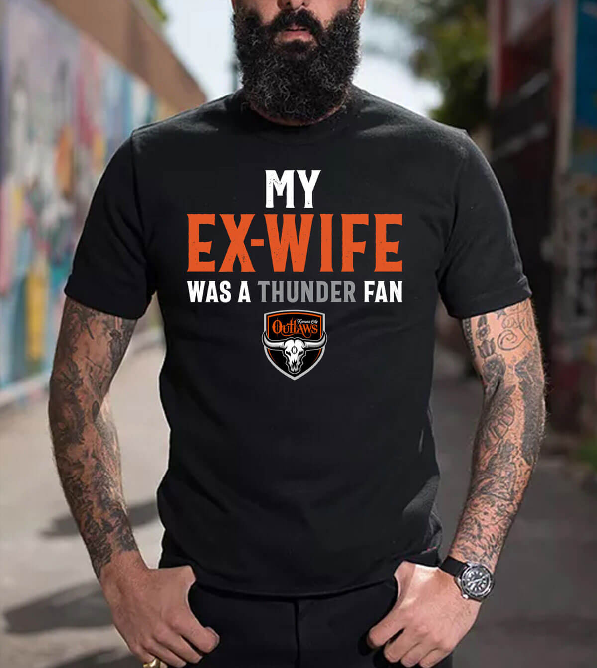 Front view of the black "My Ex-Wife was a Thunder Fan" t-shirt.