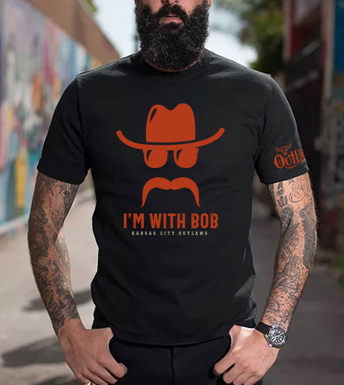 Front view of the dark grey "I'm with Bob" t-shirt.