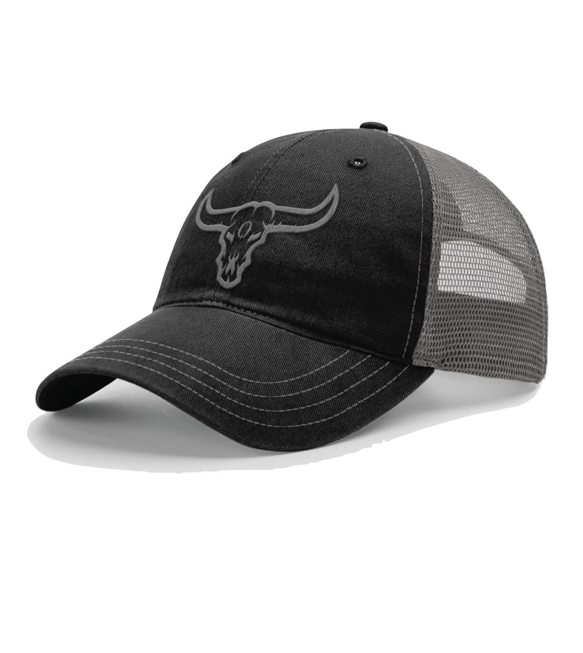 Front view of the KC Bull Skull - Garment-Washed Trucker Cap