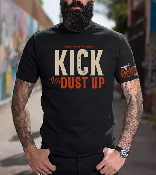 Front view of the "Kick the Dust Up" t-shirt.
