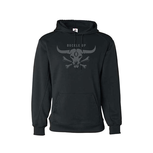Black hoodie with skull and crossbones design on a white background