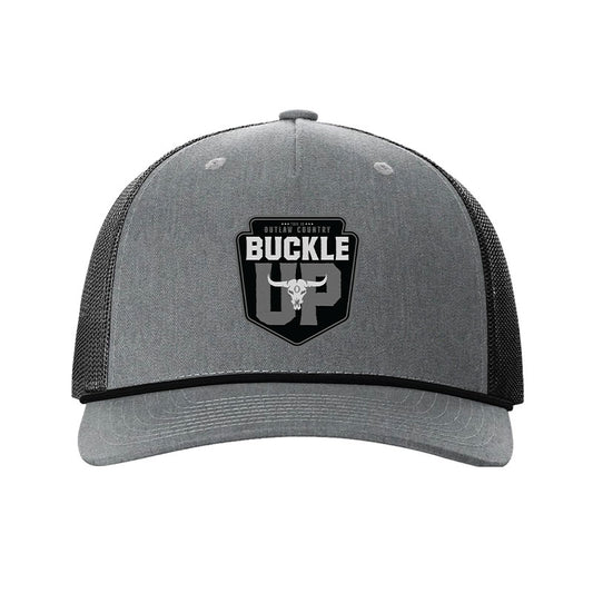 Gray and black cap with 'Buckle Up' logo