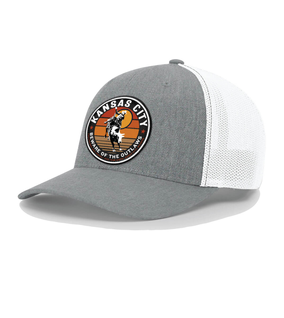 Front view of the "Beware of the Outlaws" Fitted Trucker with R-Flex Cap