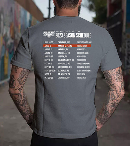 Back view of the "Fear the Outlaws" with 2023 Schedule t-shirt.