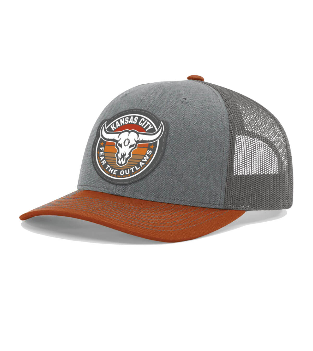 Front view of the "Fear the Outlaws" Adjustable Snapback Trucker Cap