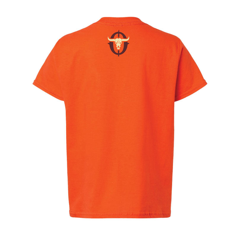Orange t-shirt with a logo on the back against a white background