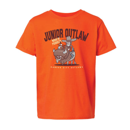 Orange t-shirt with 'Junior Outlaw' graphic design on a white background