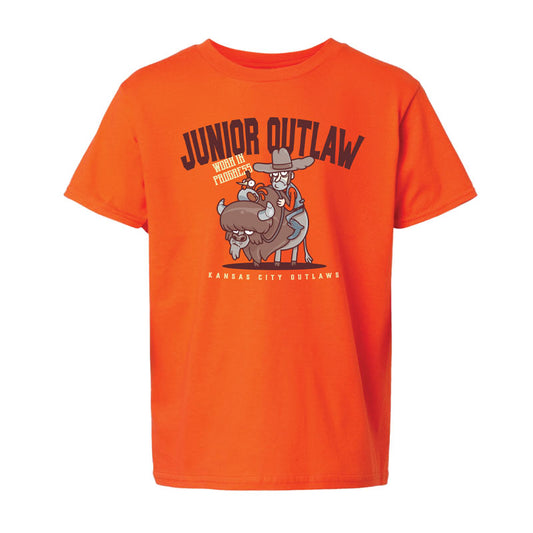 Orange t-shirt with 'Junior Outlaw' graphic design on a white background