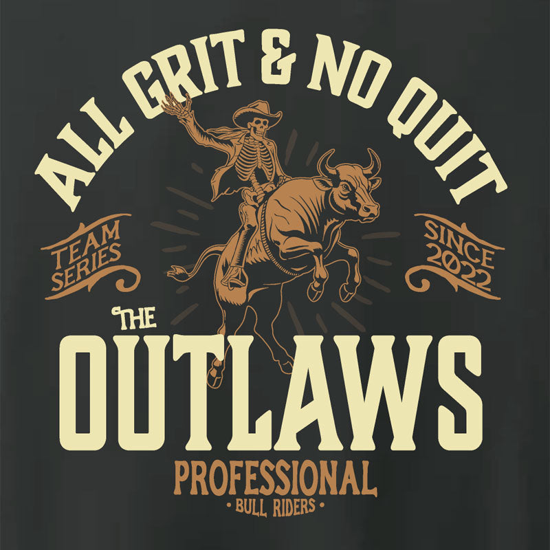 T-shirt design with skeleton bull rider and text 'All Grit & No Quit' on a dark background