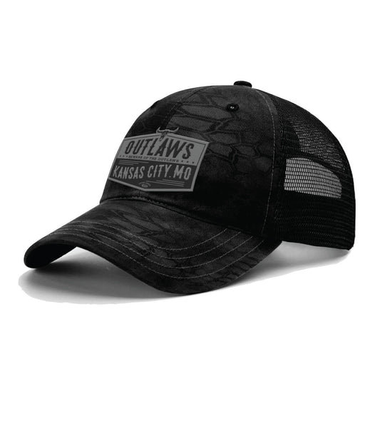 Front view of the "Outlaws of Kansas City Missouri" Washed Printed Trucker Cap