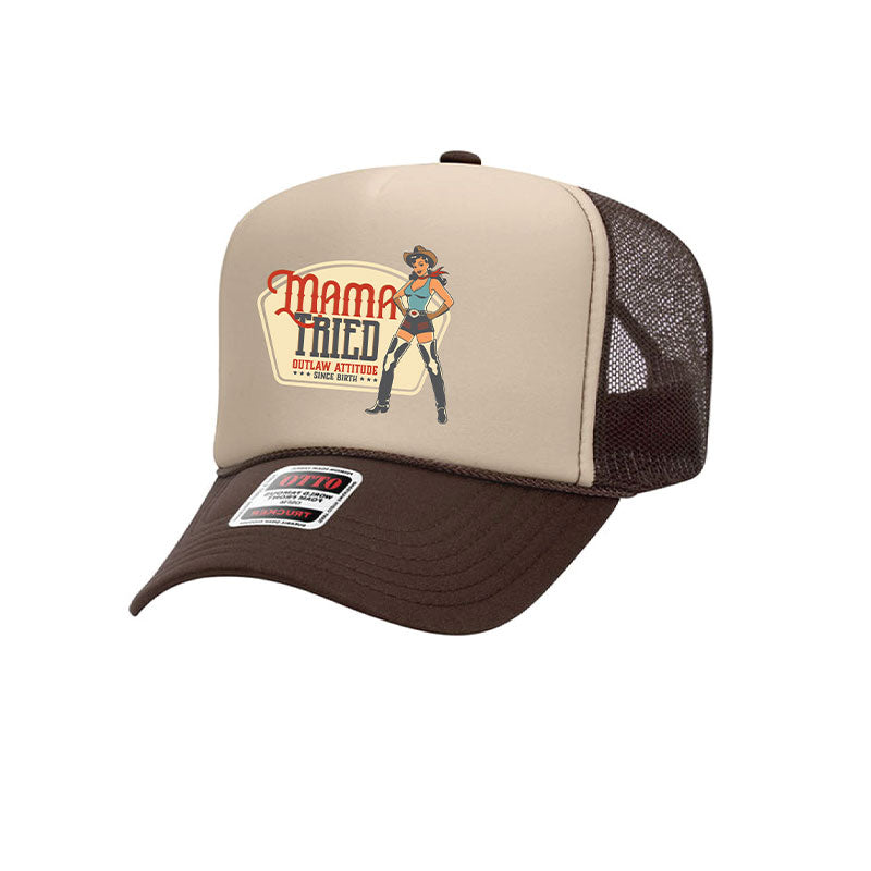Beige and brown trucker hat with 'Mama Tried' graphic
