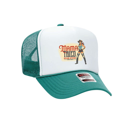 Teal and white cap with a graphic design on a white background