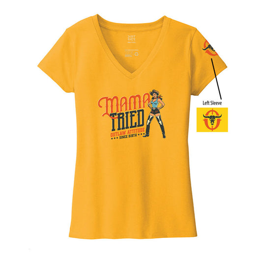 Yellow t-shirt with graphic design and text on a white background