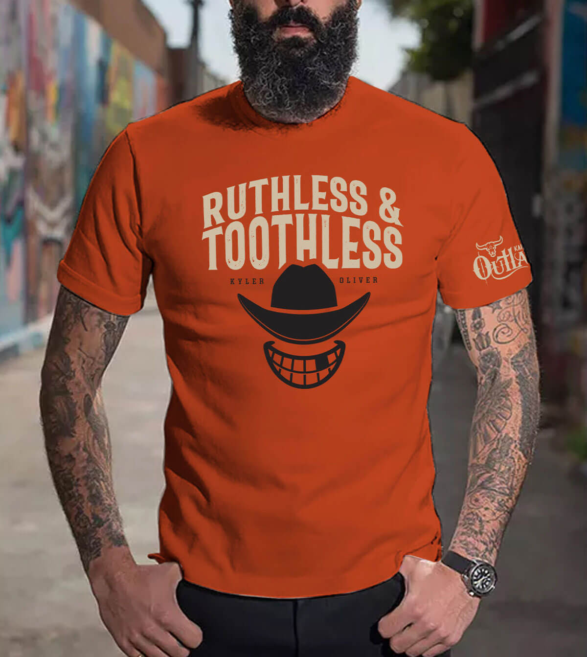 Front view of the "Ruthless and Toothless" t-shirt.