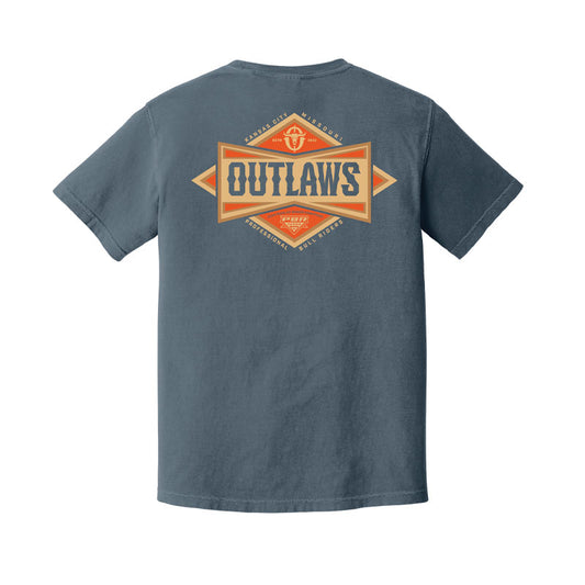 Blue t-shirt with 'Outlaws' logo on the back against a white background