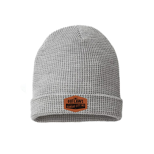Gray knit beanie with a leather KC Outlaws patch