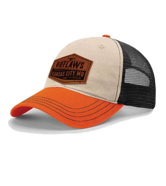 Front view of the "Beware of the Outlaws" Garment-Washed Trucker Cap